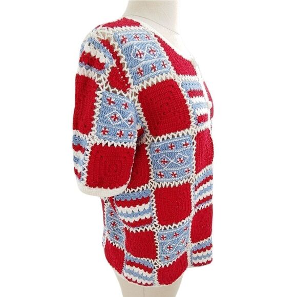 Awesome red, white & blue granny square crochet short sleeve sweater medium - Picture 7 of 8